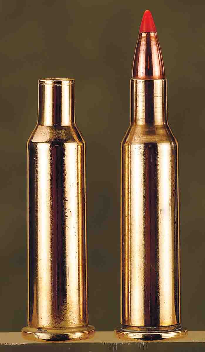 After all the forming, then fireforming in the rifle to confirm the details, the case is ready for loading and hunting (right).